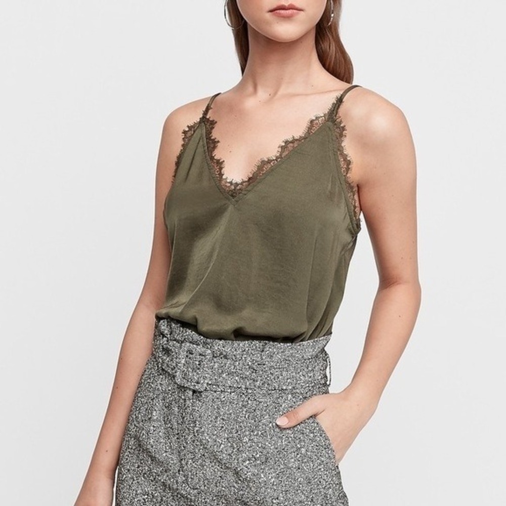 EXPRESS olive green lace cropped cami tank top‎ women's L Y2K Elegant Romantic